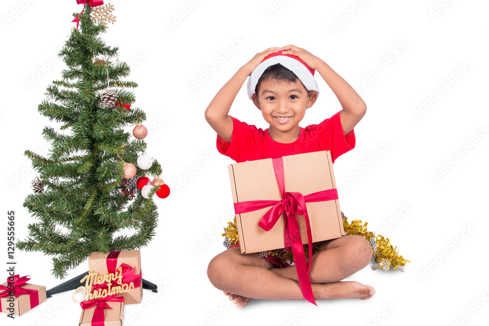 Cute little boy with brown gift box