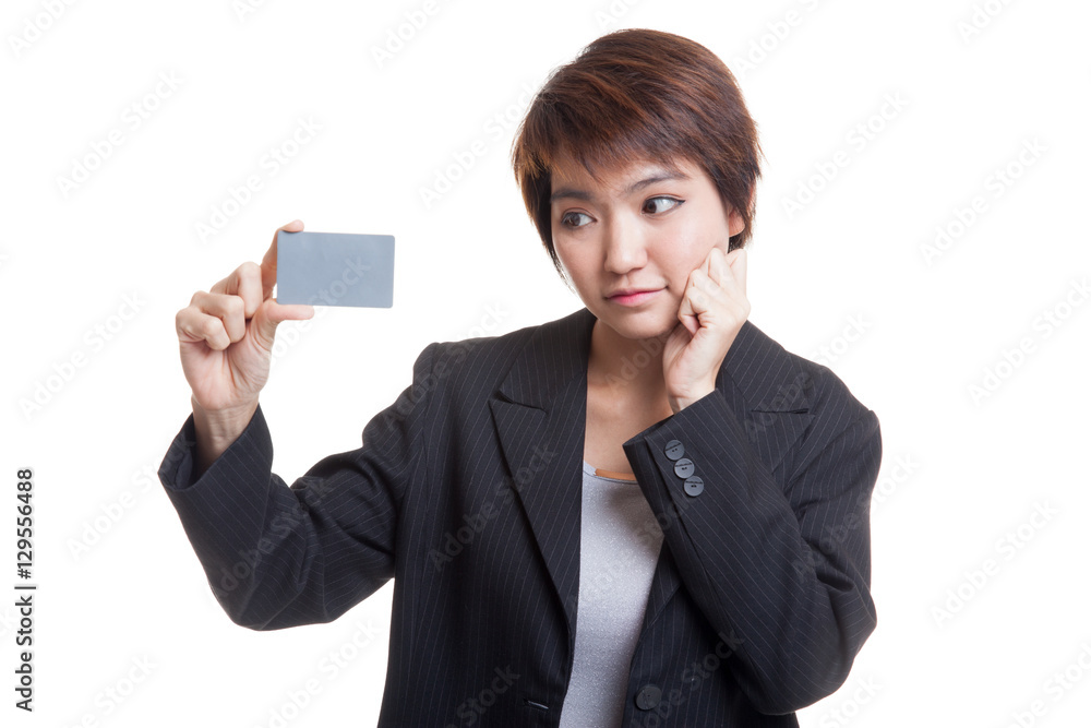 Happy young Asian business woman with a blank card. Happy young Asian business woman with a blank card.