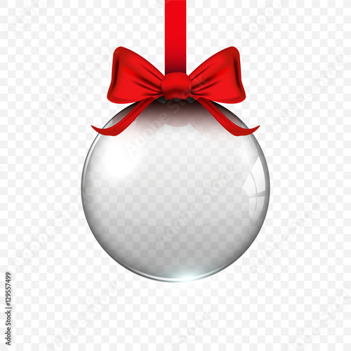 Realistic Transparent Glass Christmas ball with Red Bow isolated on white. Vector illustration.