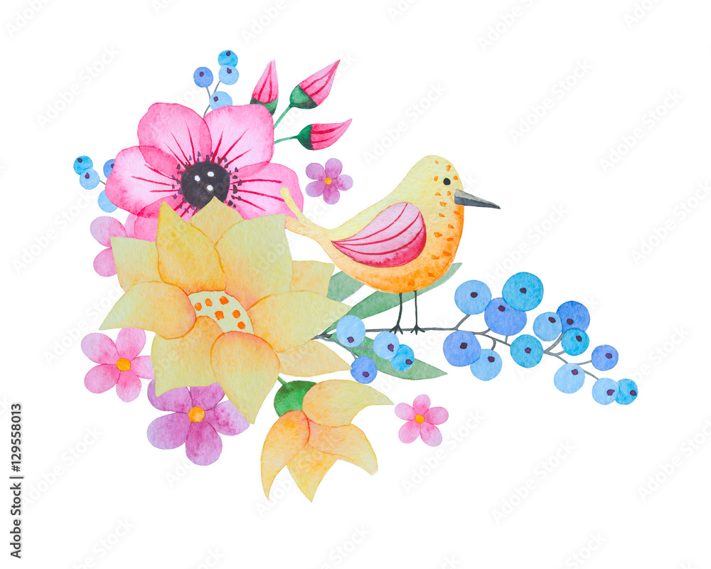Watercolor flowers and bird.