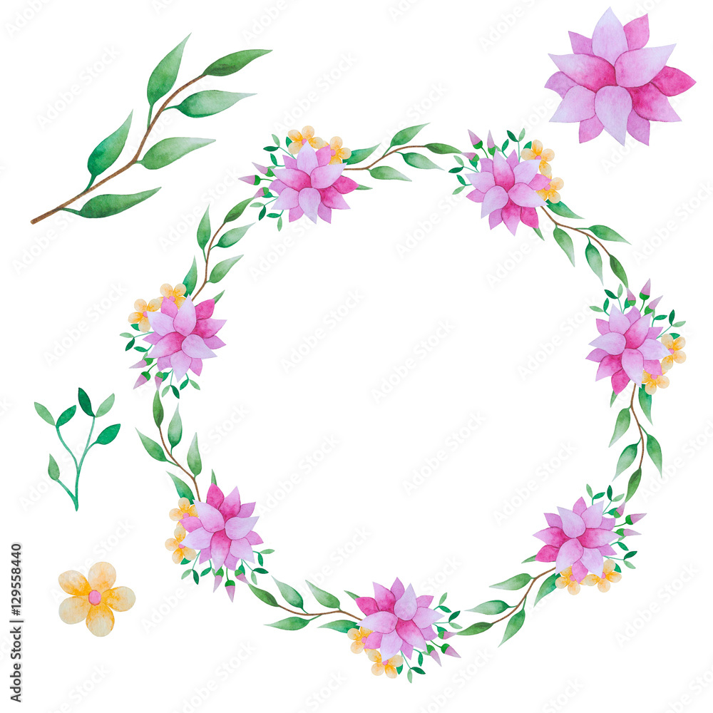 Floral wreath and elements in watercolor.