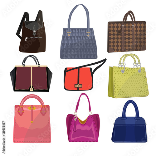 women leather color handbags isolated on white background