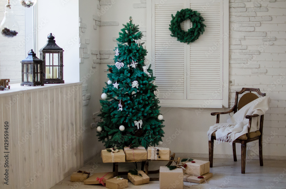 Christmas tree with gifts in the interior Christmas tree with gifts in the interior