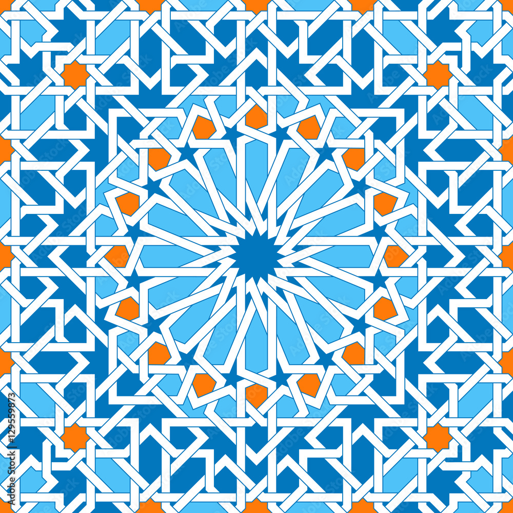Islamic geometric ornaments based on traditional arabic art. Oriental seamless pattern. Muslim mosaic. Colorful vector illustration. Blue, white and yellow arabian tile. Mosque decoration element.