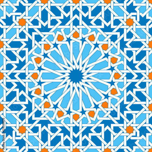 Islamic geometric ornaments based on traditional arabic art. Oriental seamless pattern. Muslim mosaic. Colorful vector illustration. Blue, white and yellow arabian tile. Mosque decoration element.