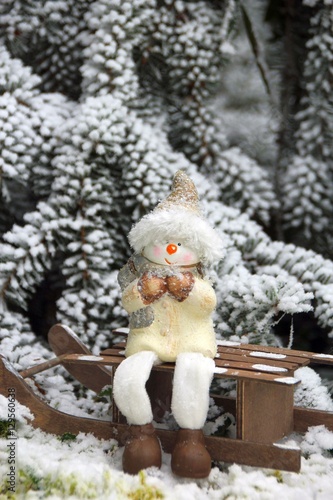 Obraz na płótnie schlitten mit zwerg im schnee