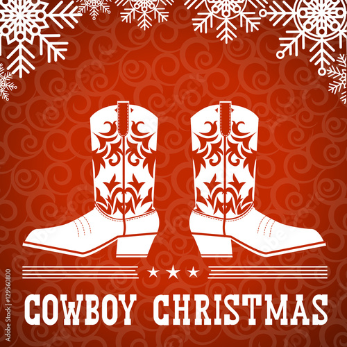 Cowboy red christmas card with text and snowflakes.Vector western american illustration