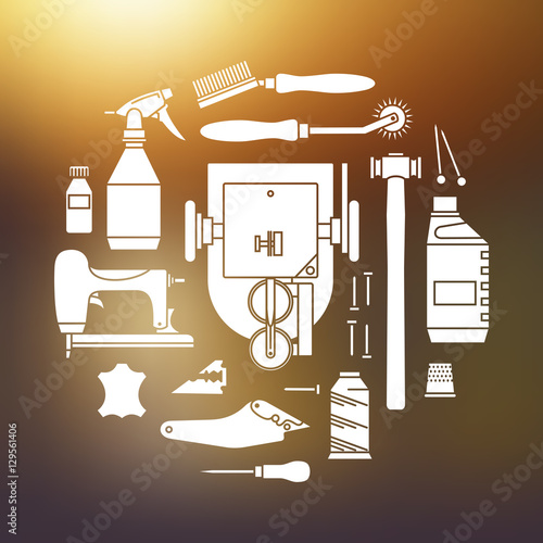 Vector icons set of furrier tools. White print on blurred background