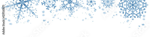 Winter border with blue snowflakes on white background . Hand-painted horizontal illustration