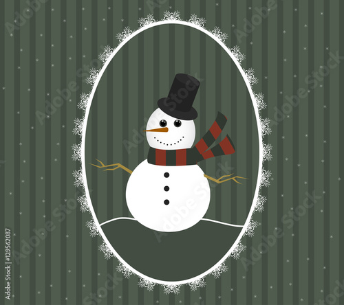 snowman in a cylindrical hat and a scarf in openwork frame. Christmas background