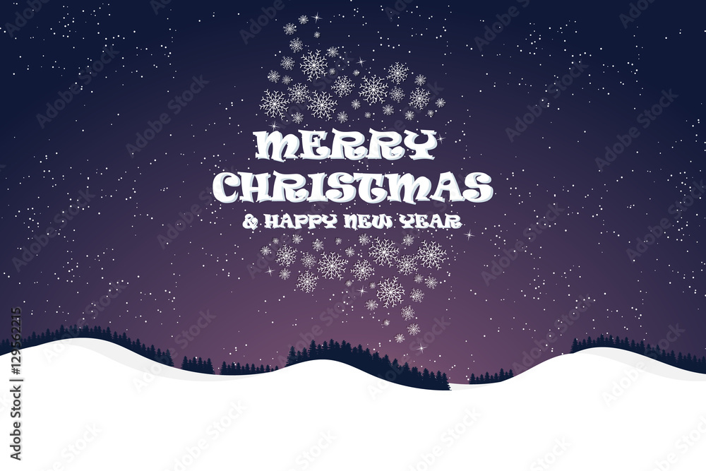 Christmas and New Year on shiny background with winter landscape with snowflakes, light, stars. Merry Christmas card. Vector Illustration Christmas and New Year on shiny background with winter landscape with snowflakes, light, stars. Merry Christmas card. Vector Illustration