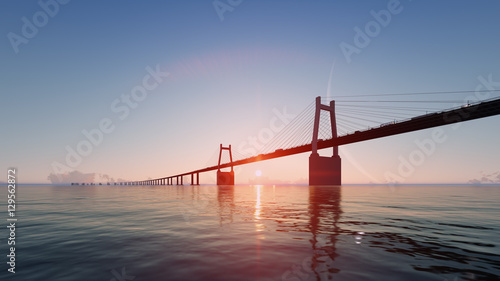 Bridge with sunset and big moon. 3D render