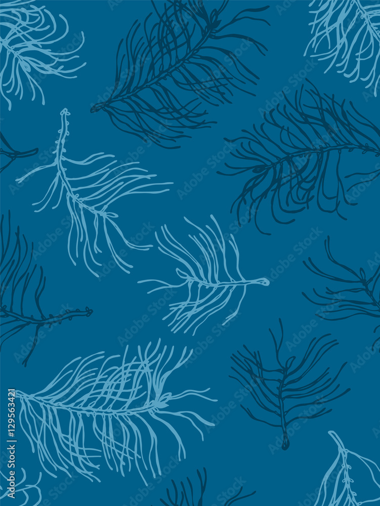 Seamless pattern with silhouettes of winter pine branches in the frost. Christmas. Hand Drawn. Vector illustration.