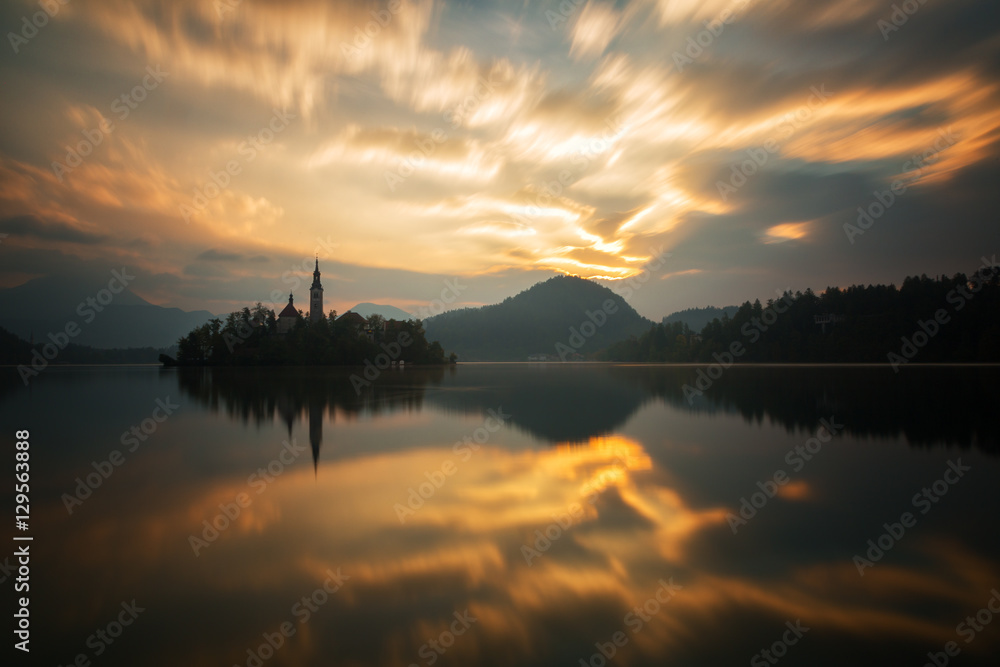 Church on island in Lake Bled on sunrise, Slovenia