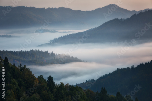 Morning landscape with fog in the mountains