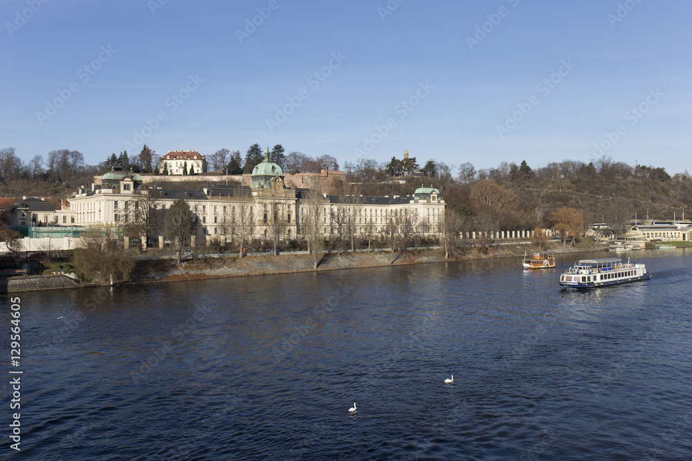The View on the autumn Prague Office of Government above River Vltava