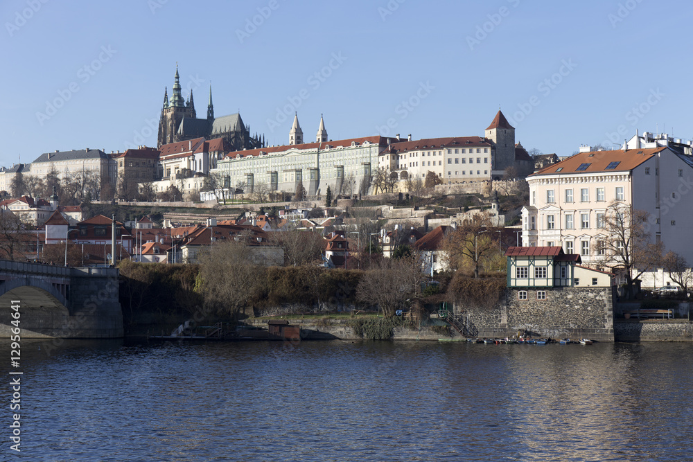 Autumn Lesser Town of Prague with gothic Castle above River Vltava, Czech Republic