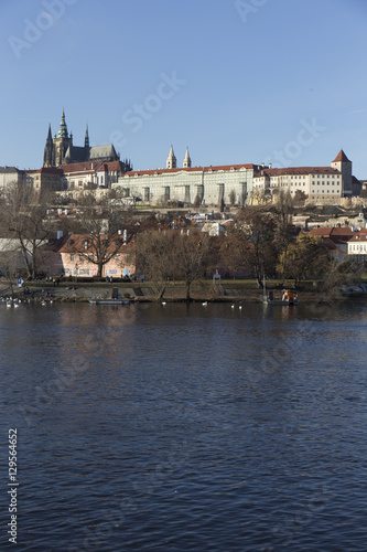 Autumn Lesser Town of Prague with gothic Castle above River Vltava, Czech Republic