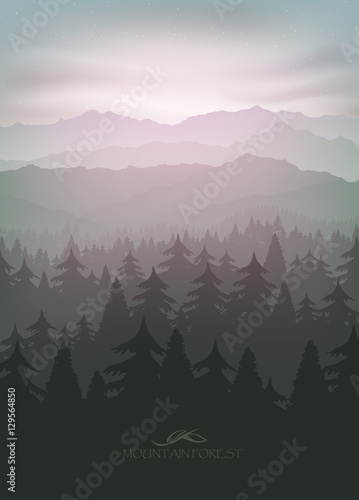 mountain forest in fog and sunrise