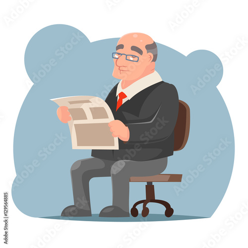 Adult Businessman Old Sit Read Newspaper Character Icon Retro Cartoon Design Vector Illustration