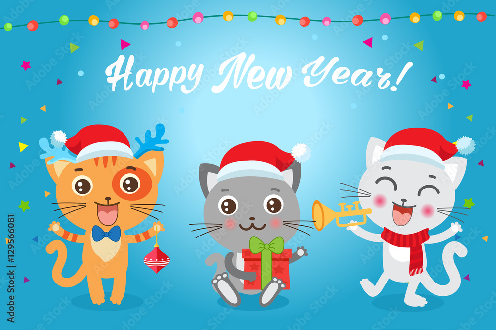 Cute Little Cats Cartoon Vector Card. Christmas Kittens Vector. Cat In Christmas Costumes. Design For New Year Holiday Theme. Cute Little Cats Cartoon Vector Card. Christmas Kittens Vector. Cat In Christmas Costumes. Design For New Year Holiday Theme.