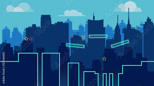 cartoon night city landscape, vector unending background with road, buildings and sky layers