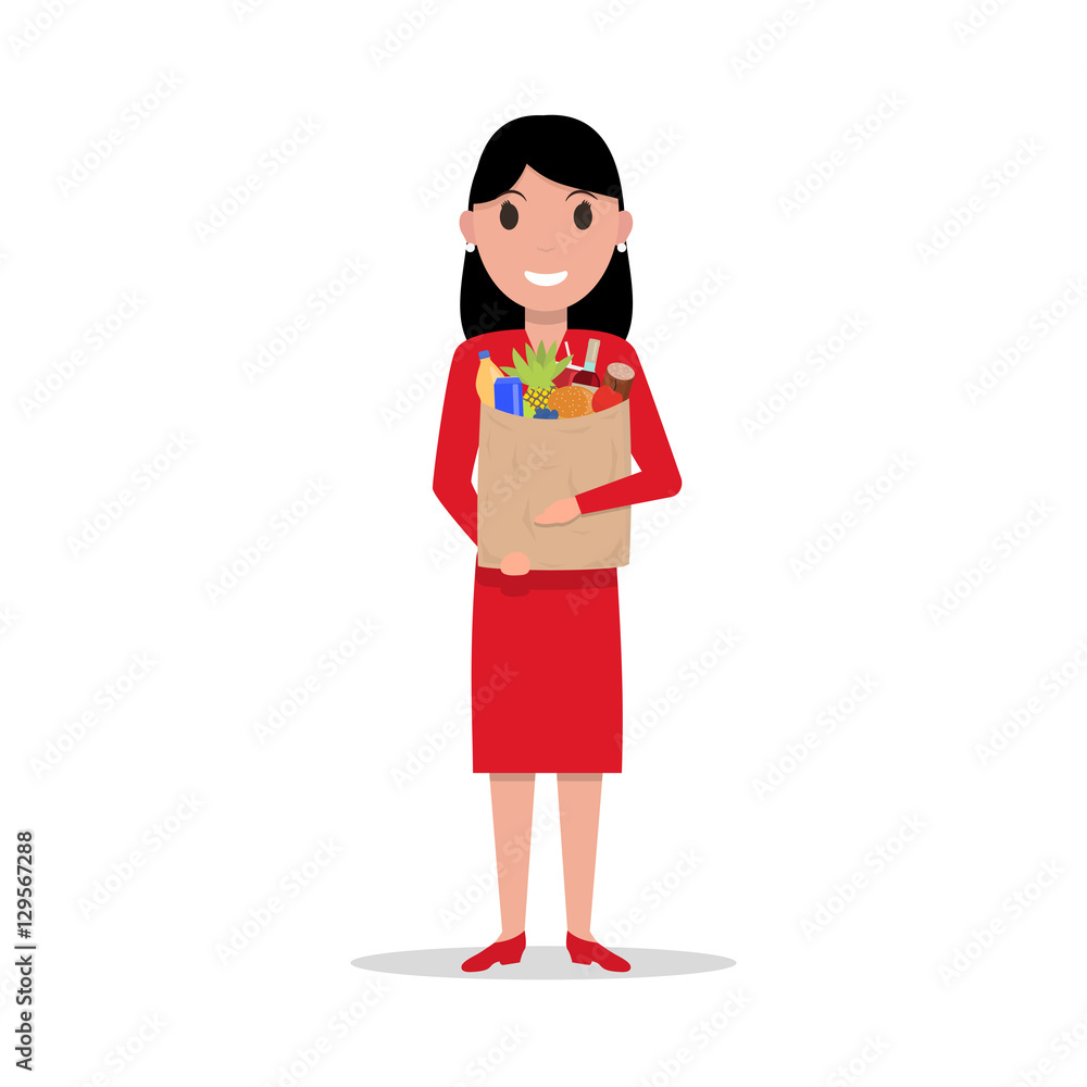 Vector cartoon woman with paper bag full food Vector cartoon woman with paper bag full food