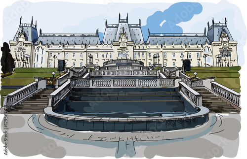 Digital vector painted palace of culture in Iasi, Romania, flat style