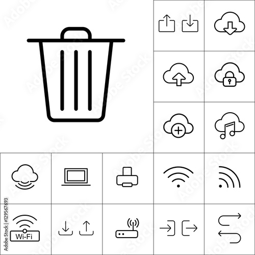 thin line trash bin icon on white background, web internet icons