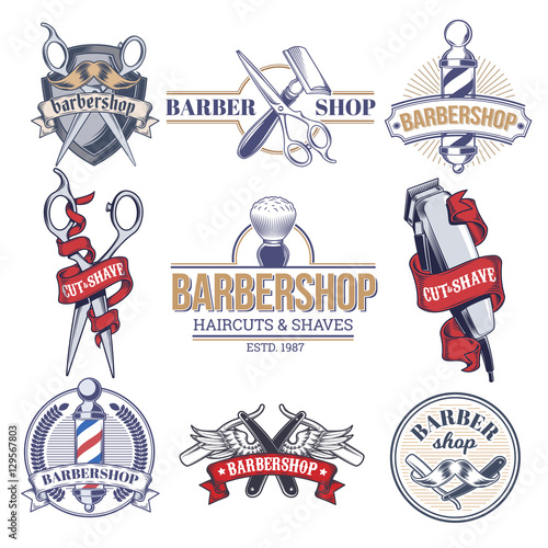 Collection badges, logos with barbershop tools.