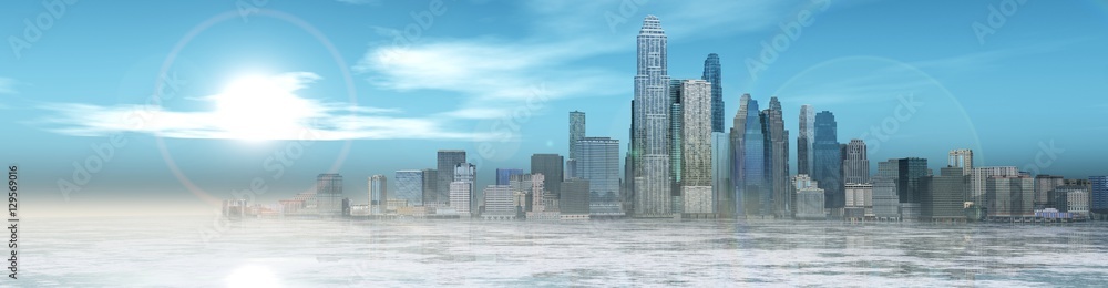 Panorama of winter city. Ice and skyscrapers.
