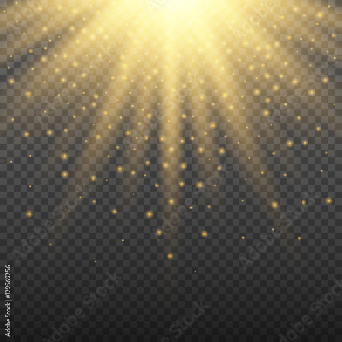 Gold glowing light burst explosion on transparent background. Bright flare effect decoration with ray sparkles. Transparent shine gradient glare texture. Vector illustration lights effect