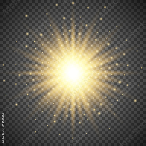 White glowing light burst explosion on transparent background. Bright flare effect decoration with ray sparkles. Transparent shine gradient glare texture. Vector illustration lights effect