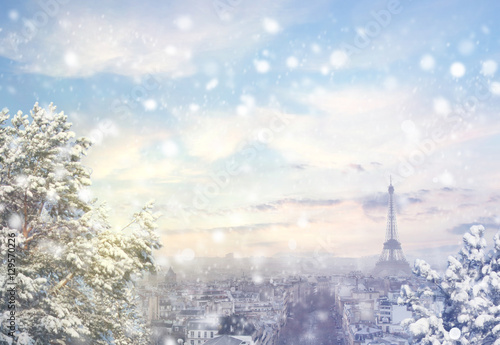 Christmas background : Aerial view of Paris cityscape with Eiffel tower at winter sunset in France. Vintage colored picture. X-mas, Business, Love and travel concept .