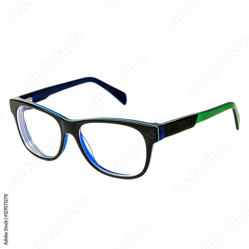 black glasses with colored inserts on white background