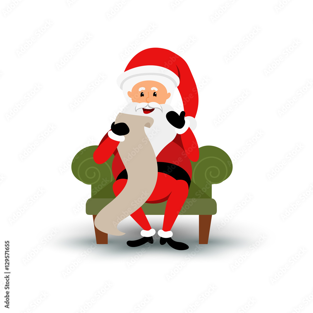 Christmas smiling Santa Claus character sitting on a chair and read a long letter. Cartoon bearded man in festive costume. Vector xmas illustration Christmas smiling Santa Claus character sitting on a chair and read a long letter. Cartoon bearded man in festive costume. Vector xmas illustration