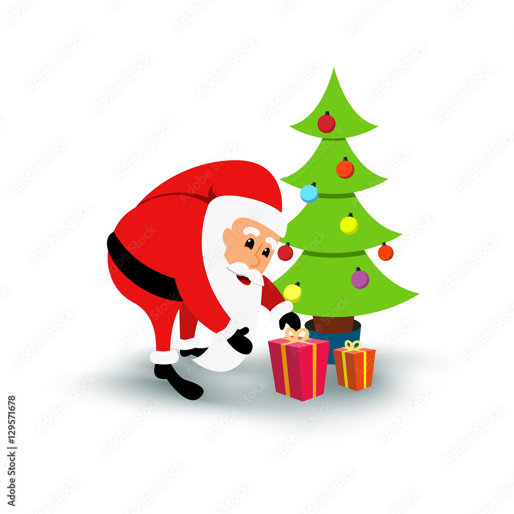 Smiling cartoon Santa Claus with gifts under green Christmas tree. Vector illustration Smiling cartoon Santa Claus with gifts under green Christmas tree. Vector illustration