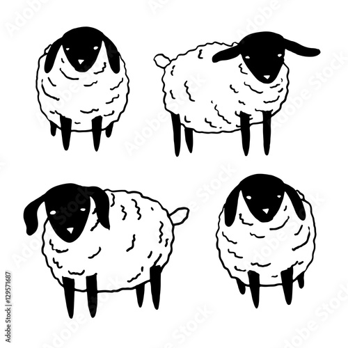 Vector kawaii baby sheep illustration set, farm animals sketch. Hand drawn minimalistic ink drawing with group of baby lamb.