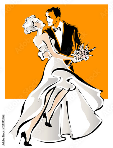 Dancing wedding couple, bride and groom sketch invitation vector illustration