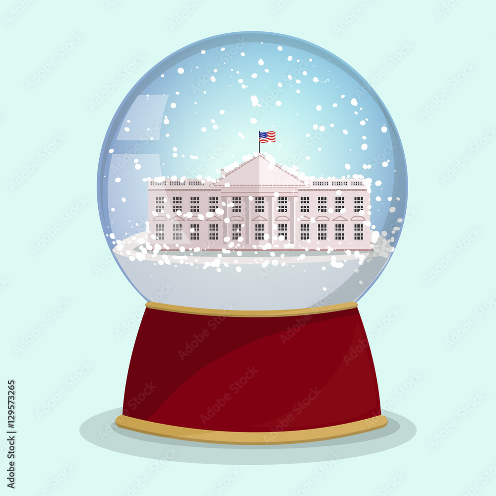 Vector Christmas Glass globe with the falling snow and White House in it.Washington DC