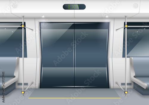 Sliding doors of modern subway car with seating for passengers. Vector graphics