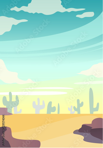 Cartoon nature sand desert landscape with cactuses and rocks. Vector game style illustration. Morning landscapes.