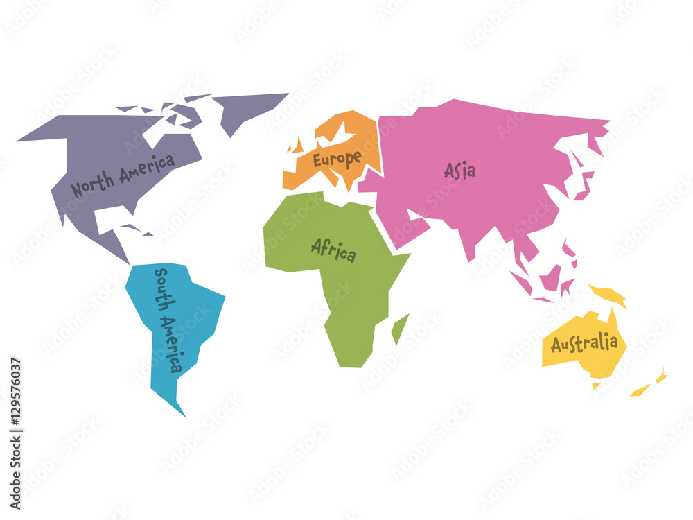 Simplified world map divided to six continents - South America, North America, Africa, Europe, Asia and Australia - in different colors, on white background and with black lables. Simple flat vector
