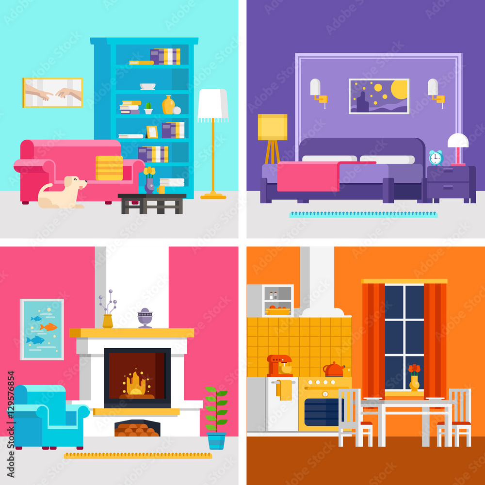Four colorful flat rooms vector illustrations to infographic and banner design. Living room, bedroom, kitchen with interior design and furniture vector flat.