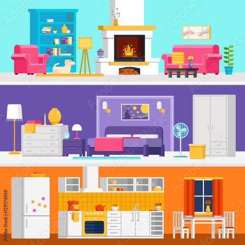 Three colorful flat rooms vector illustrations to infographic and banner design. Living room, bedroom, kitchen with interior design and furniture vector flat.