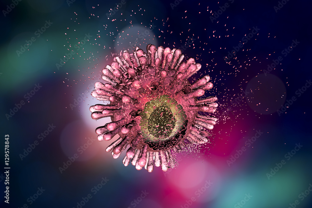 Destruction of Human Immunodeficiency Virus (HIV), AIDs virus isolated on white background, 3D illustration showing stages of destruction. Concept for HIV treatment and prevention - obrazy, fototapety, plakaty 