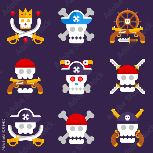 фотографія Pirate logos with different skulls and bones flat vector design
