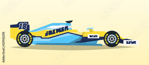 A racing bolide. Sport car. Quick transport. Powerful engine. Aerodynamic body. Tape off stickers of sponsors, inscriptions. A competitor, the Grand Prix. Side view, isolated on background.