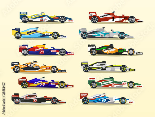 Set of racing bolide. A collection of sports cars. Quick transport. Powerful engine. Aerodynamic body. Stickers, labels. A competitor, the Grand Prix. Side view, isolated on background.