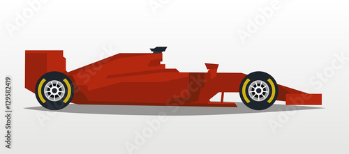 Red racing bolide. Sports car. Quick transport. Powerful engine. Aerodynamic body. A competitor, the Grand Prix. Side view, isolated on background. Vector illustration